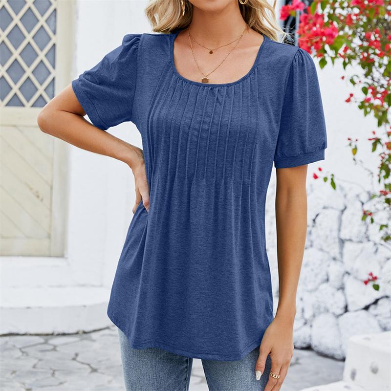 Spring Summer Pleated T Shirts Solid Color Women's Top Fashion O Neck Short Sleeve T-shirt