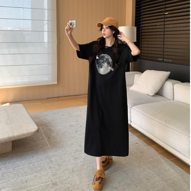 Sommar tryckt kortärmad t-shirtkjol Mode och casual Över knät Plus Lång Plusstorlek Klänning