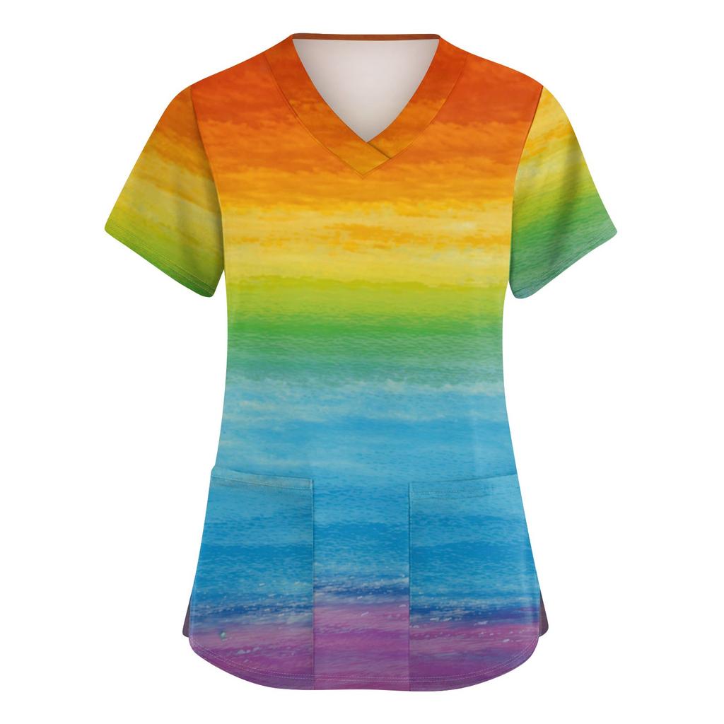 Niedlich bedruckte Arbeitskleidung für Damen, V-Ausschnitt, doppellagige Taschen, Basic-Kurzarm-Oberteil, Pullover