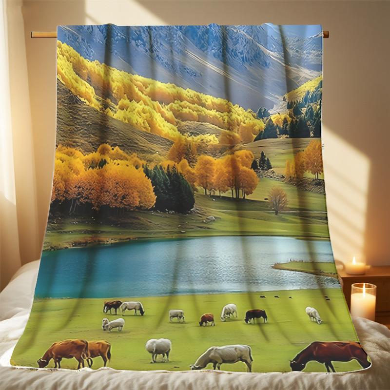 1Pc New Da Vinci Farm Landscape Blanket - All-Season Soft Polyester Throw With Vibrant Autumnal Scenery, Machine Washable
