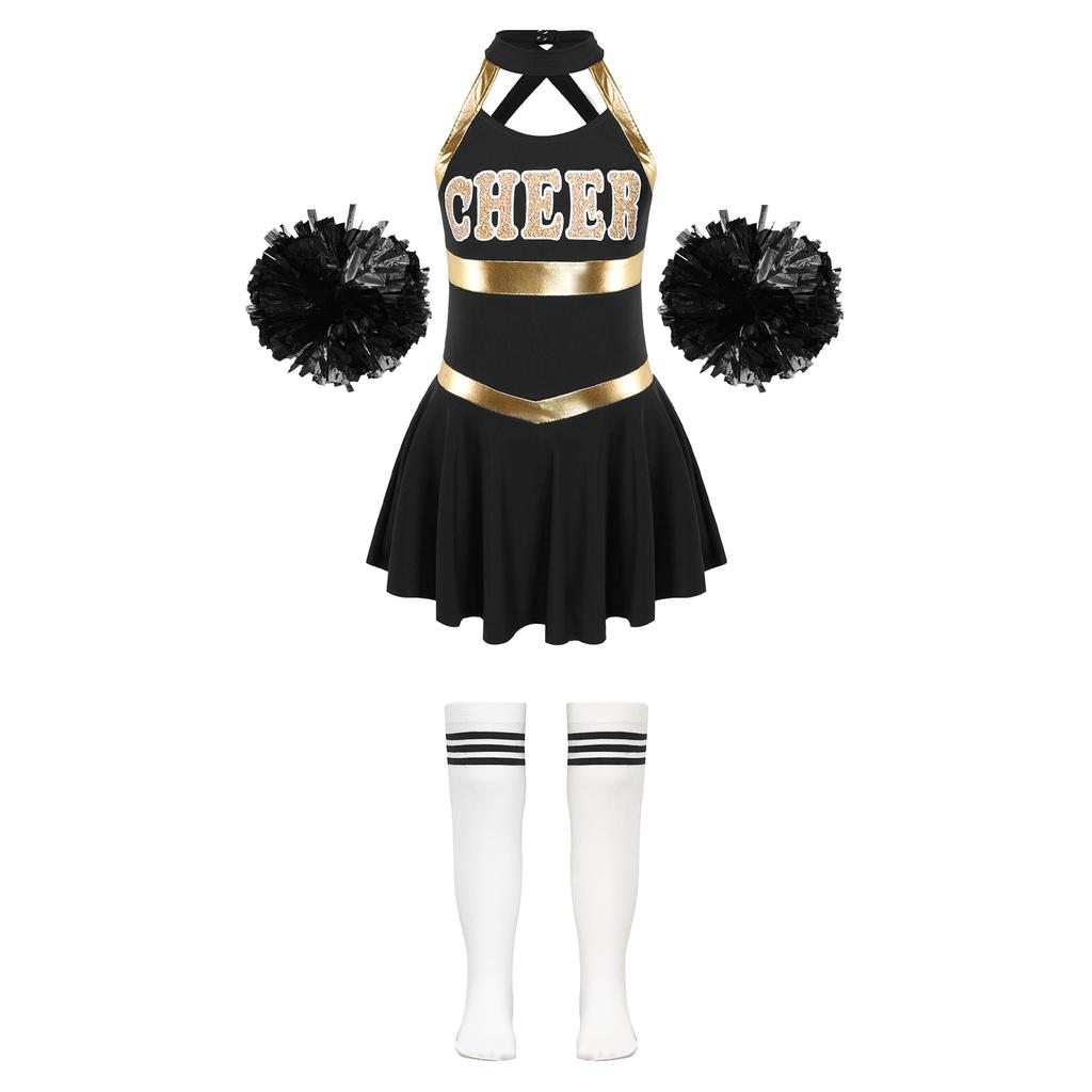 Girls Cheer Costume Sleeveless Crisscross Back Letter Print Patchwork Dress Pom Poms Striped Socks Set