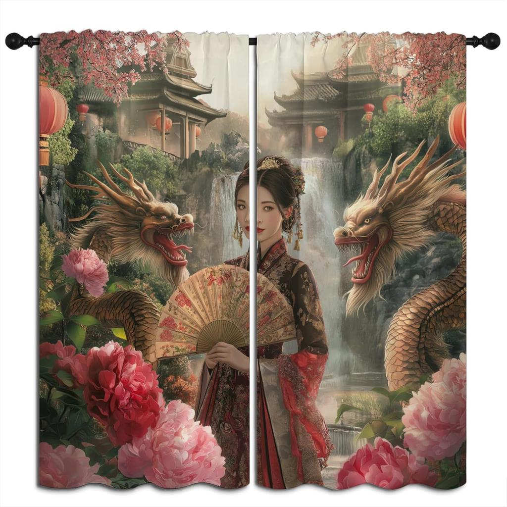 Japanese Geisha Blackout Curtains for Boys Girl Bedroom Home Decor, Kimono Pink Cherry Blossoms Anime Style Thermal Insulated
