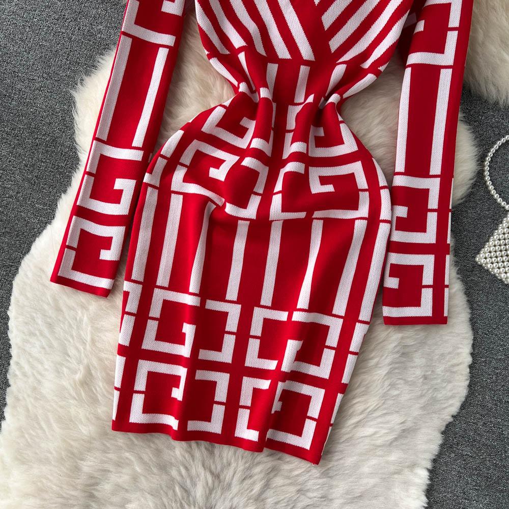 Spring Autumn V-neck Geometry Pattern Knitted Sweater Dresses Women Full Sleeve Mini Slim Bodycon Pencil Dress