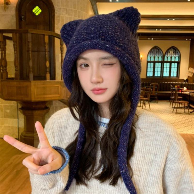 Winter new women's ear protectors headgear warm lace-up Lei Feng hat student solid color simple knitted hat