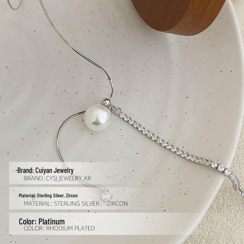 Cui Yan S925 Sterling Silver Korean Asymmetrical Long Necklace with Rhinestones & Pearl Clavicle Chain