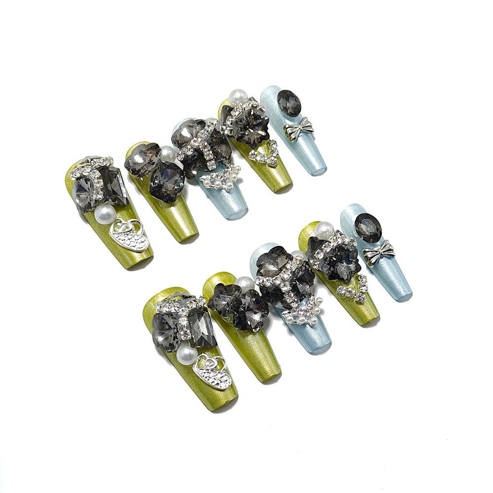 High-Grade Bling Dark Green Rhinestone Long Nail Art Tips Medium Bling Rhinestone
