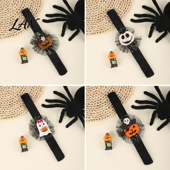 Adjustable Resilient Steel Plate Bracelets Stuffed Halloween Slap for Kids, Plush Pumpkin Ghost Skull Cute Wrist Assorted Pattern Bands Band
