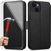 Wallet Case - iPhone 14 - Leather Effect - Black - 2 Tempered Glass - Magnetic Closure
