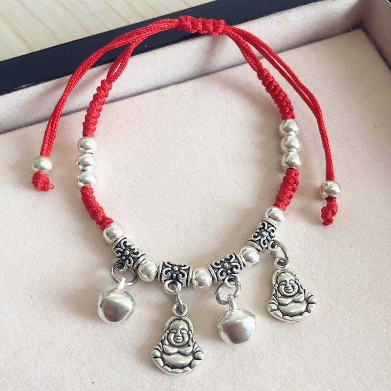 Retro red rope bracelet, small fresh couple bell, long life lock, safe anklet, handmade hidden silver jewelry.