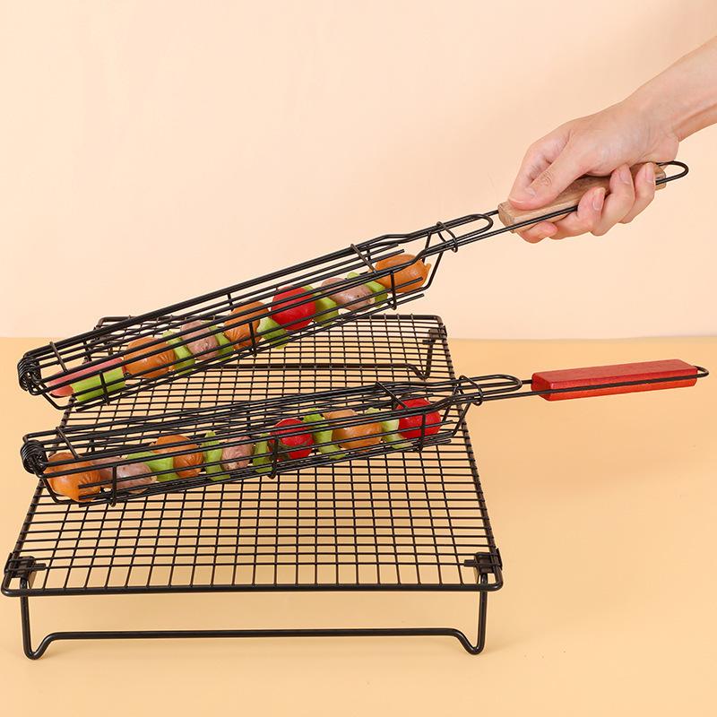 1pc BBQ Rack Removable Hot Dog Accessories Portable Outdoor With Wooden Handle Sausage Grill Cage Grill Basket