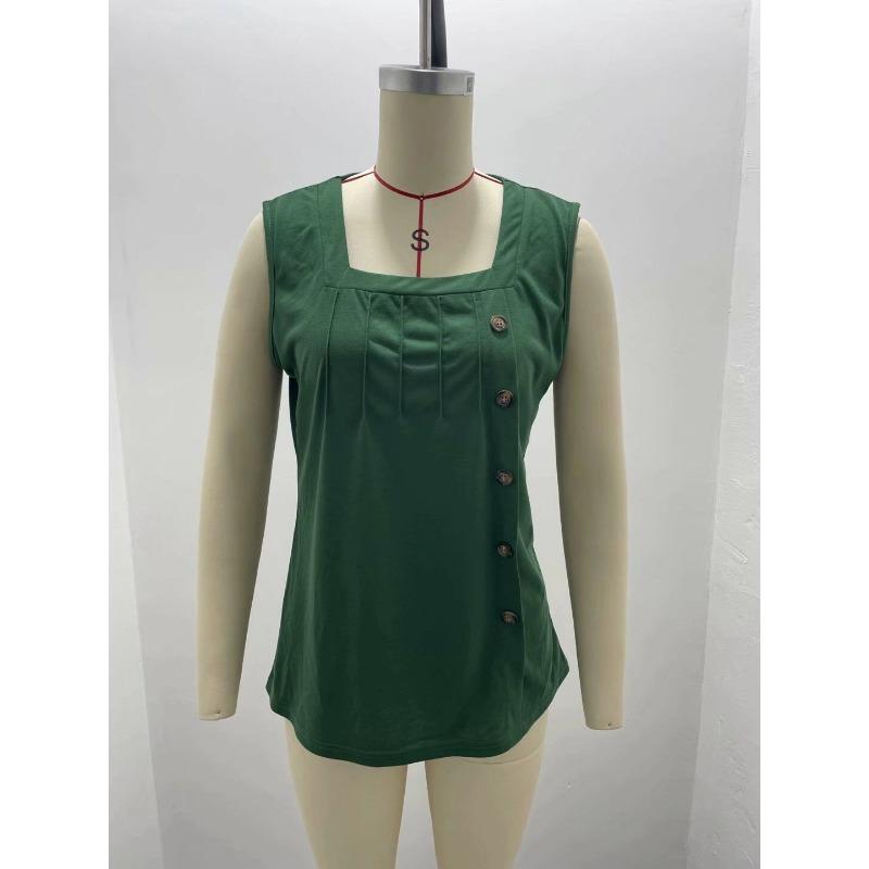 Sleeveless Buttons Pleated Women Blouse Loose Vest Summer Casual Fashion Square Collar Ladies Tank Tops Solid Color Shirts Basic Clothing