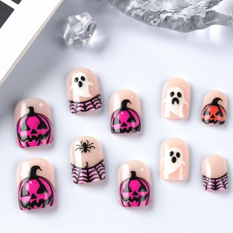 Halloween Fake Nail Short Square Spiders Web Pumpkin Art Durability NonToxic Artificial Nail for Costume Parties