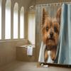 1pc Yorkshire Terrier Puppy Shower Curtain - Blue Towel, Hyper-Realistic Print, Beige Tiles, Polyester, 70.8x70.8", 12 Hooks