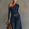 2026 European and American new solid color simple slanted shoulder long sleeve casual suit fashionable and comfortable long dress including belt
