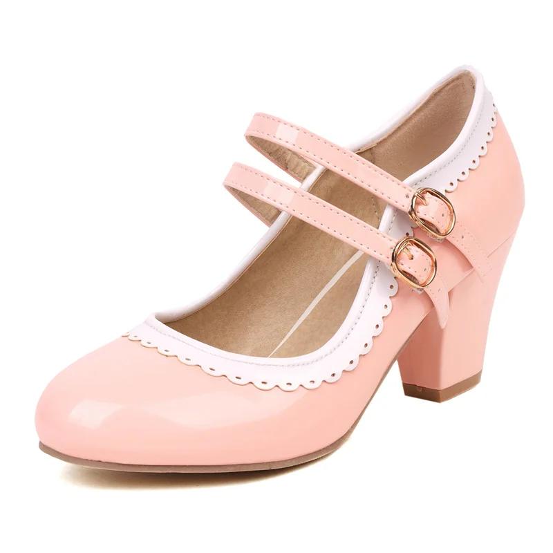 Pink Patent Leather Double Ankle Strap Mary Janes Women High Block Heels White Purple Bordered Sweet Dress Lady Round Toe Pumps