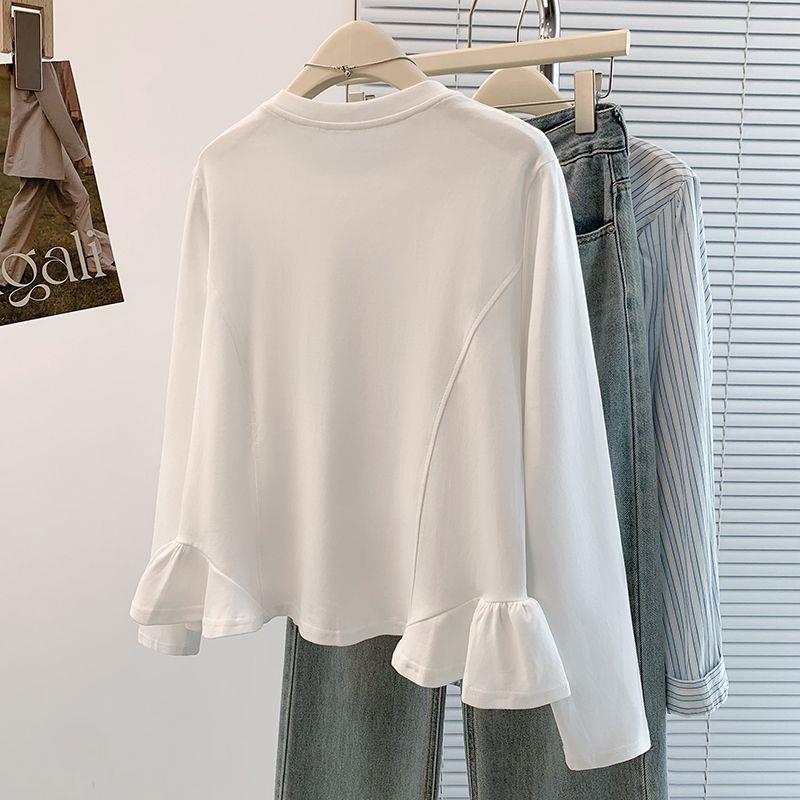 Top Subțire cu Mânecă Lungă, Volane și Gât Rotund, Mărimi Mari, Colecția Toamnă 2025