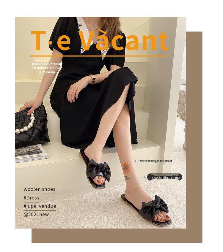 2025 Spring/Summer Women's Square Toe Open Toe Bowknot Slides