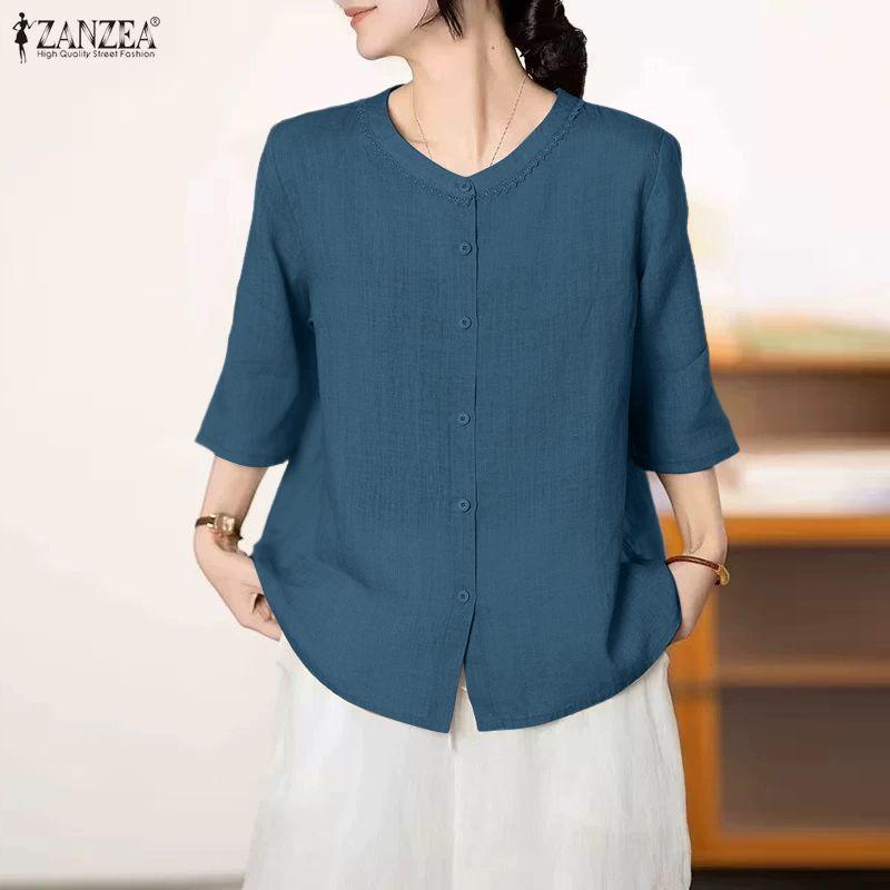 ZANZEA Women Casual Round Neck Solid Color Loose 3/4 Sleeve Blouse