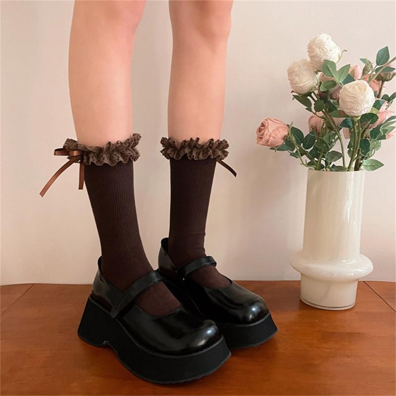 1 Pair Ruffle Ankle Socks Sweet Frilly Socks Ballet Socks for Girls with Bows Lace Top Sock Princess Style Dress Socks