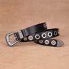 Womens Black Genuine Leather Belt With Carved Buckle Hollow Design Y2K Retro Punk Style No-Hole Waistband Jeans