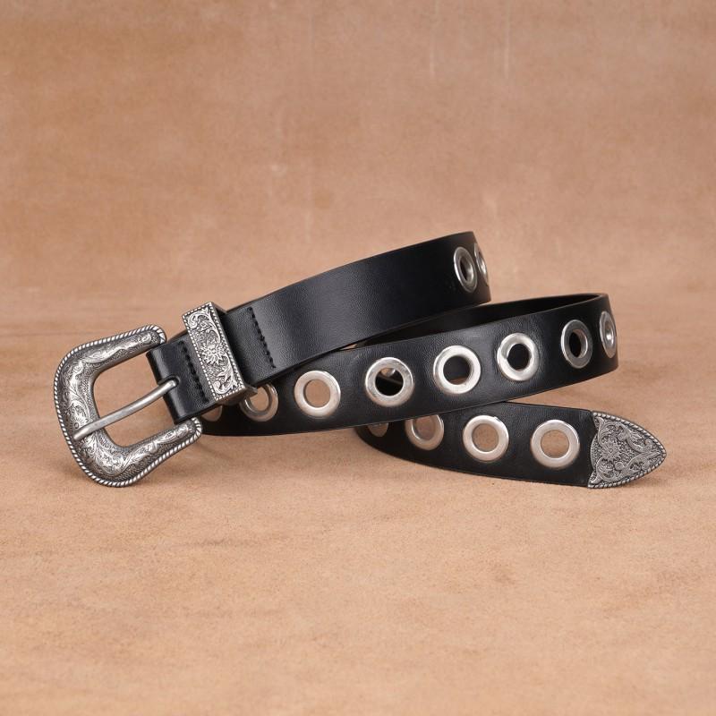Womens Black Genuine Leather Belt With Carved Buckle Hollow Design Y2K Retro Punk Style No-Hole Waistband Jeans