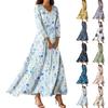 Vestidos de Praia Flutuantes com Decote em V da Moda Feminina, Vestidos Estampados Florais de Sete Mangas