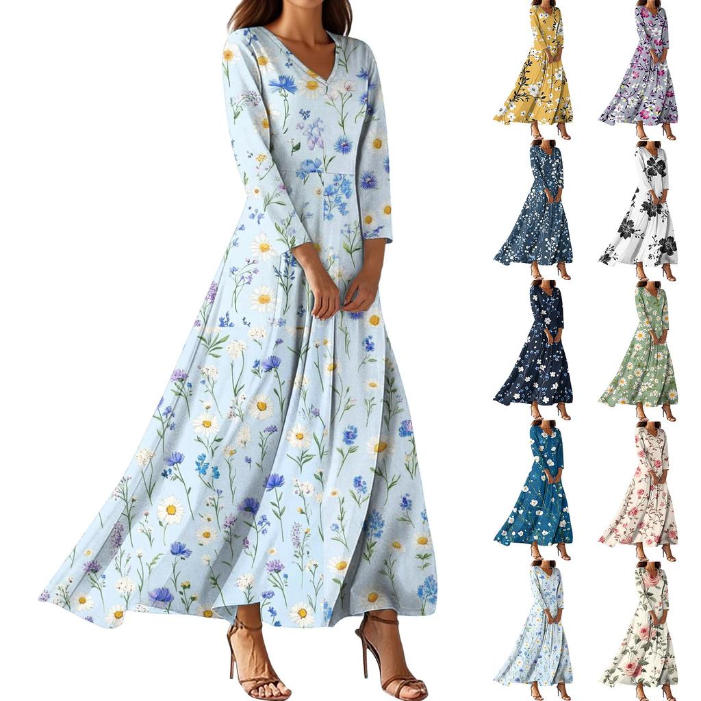 Vestidos de Praia Flutuantes com Decote em V da Moda Feminina, Vestidos Estampados Florais de Sete Mangas