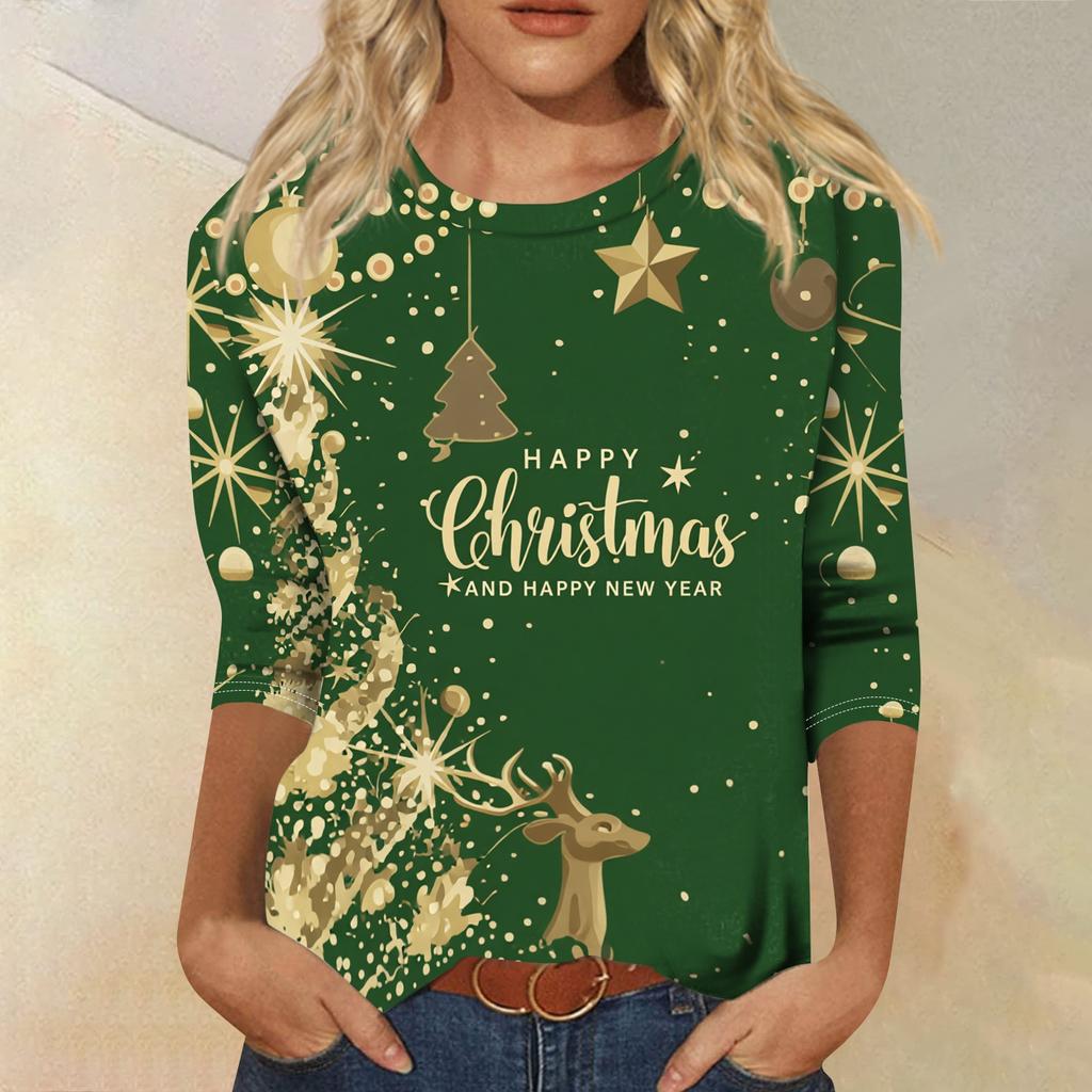 Women's Casual Christmas Print Neck 3/4 Sleeve T-Shirt