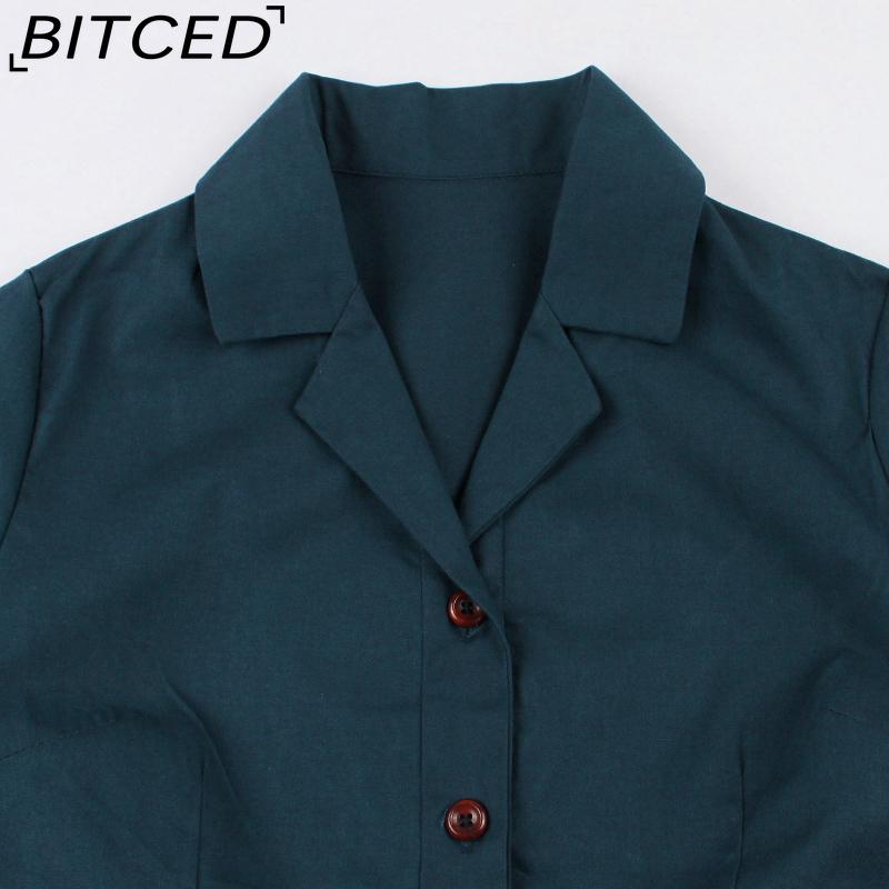 BITCED Women's Single-Breasted Wide-Skirted Retro-Style Waist-Cinched Solid-Colour Dress