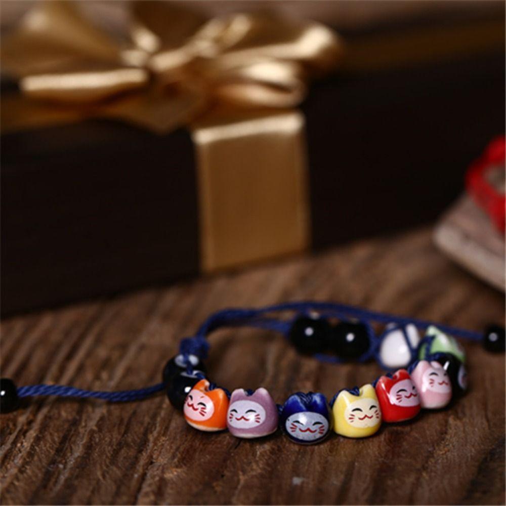 Handmade Cat Bead Bracelet Chinese Style Red String Hand Rope Ceramic Maneki Neko Bracelet Girls
