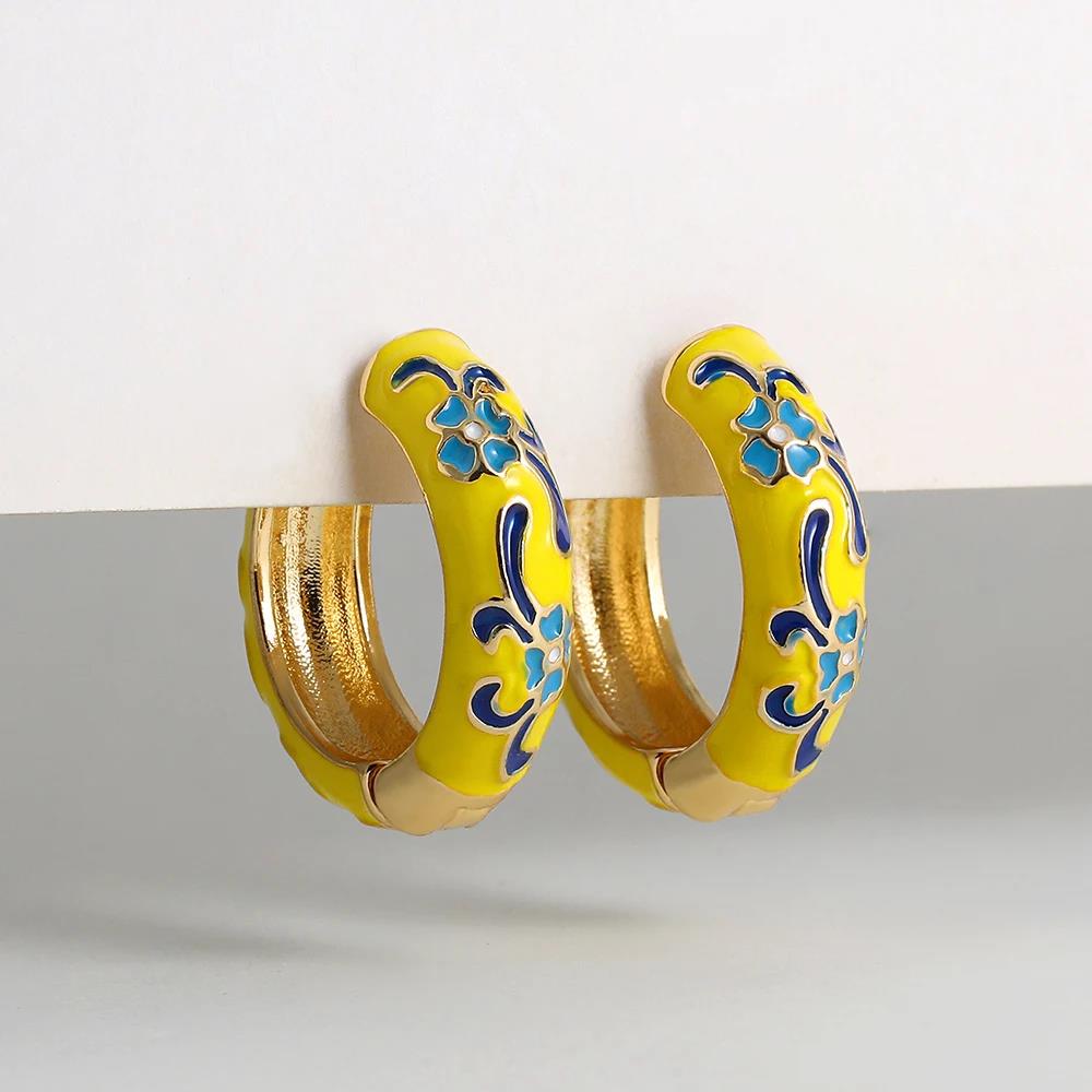 Vintage Multicolor Enamel Flower Round Hoop Earrings Boho Gold Color Circle Round Earrings Statement Jewelry Gifts for Women