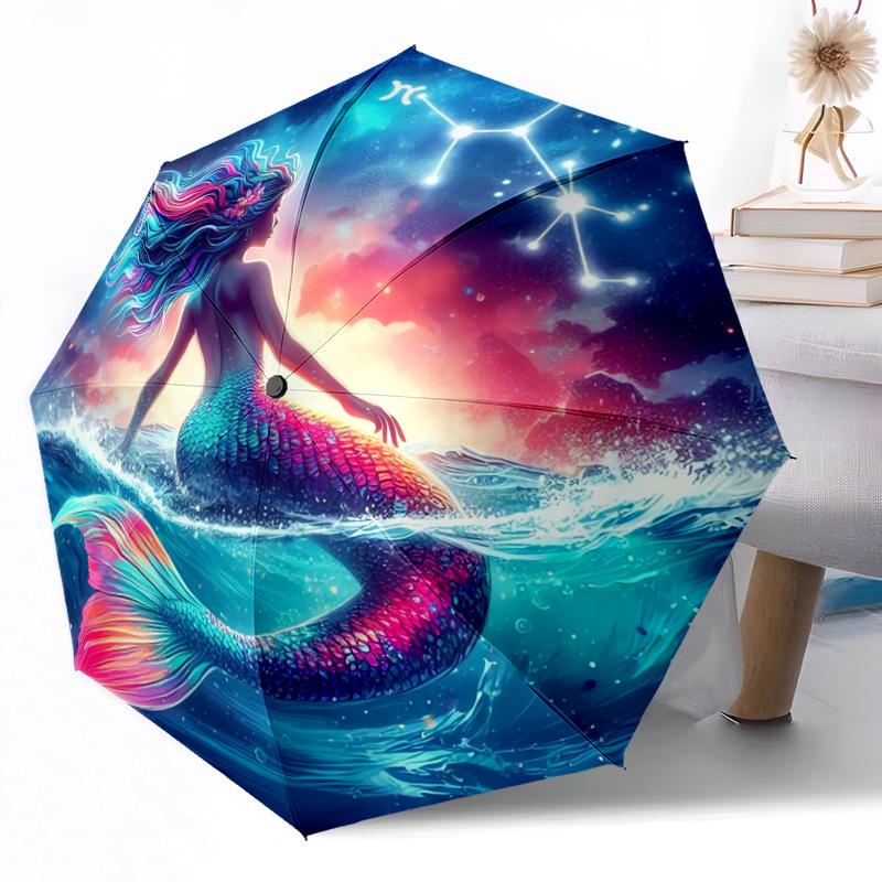 Mermaid Fantasy Stained Glass Outdoor Automatic Umbrella Retractable Design with 8-Rib Durability Lightweight Perfect Gift for Friends Family