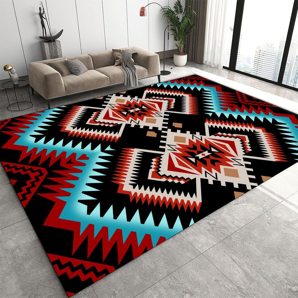 Totem Pattern Ethnic Geometric Carpet - Living Room Carpet Decoration Bohemian Style Bordered Colorful Geometric Floor Carpet