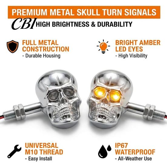 Decorative Skull 1 Pair Motorcycle LED Turn Signal Light, Head Warning Indicator Halloween Decorations Waterproof Universal Blinker for Ebike