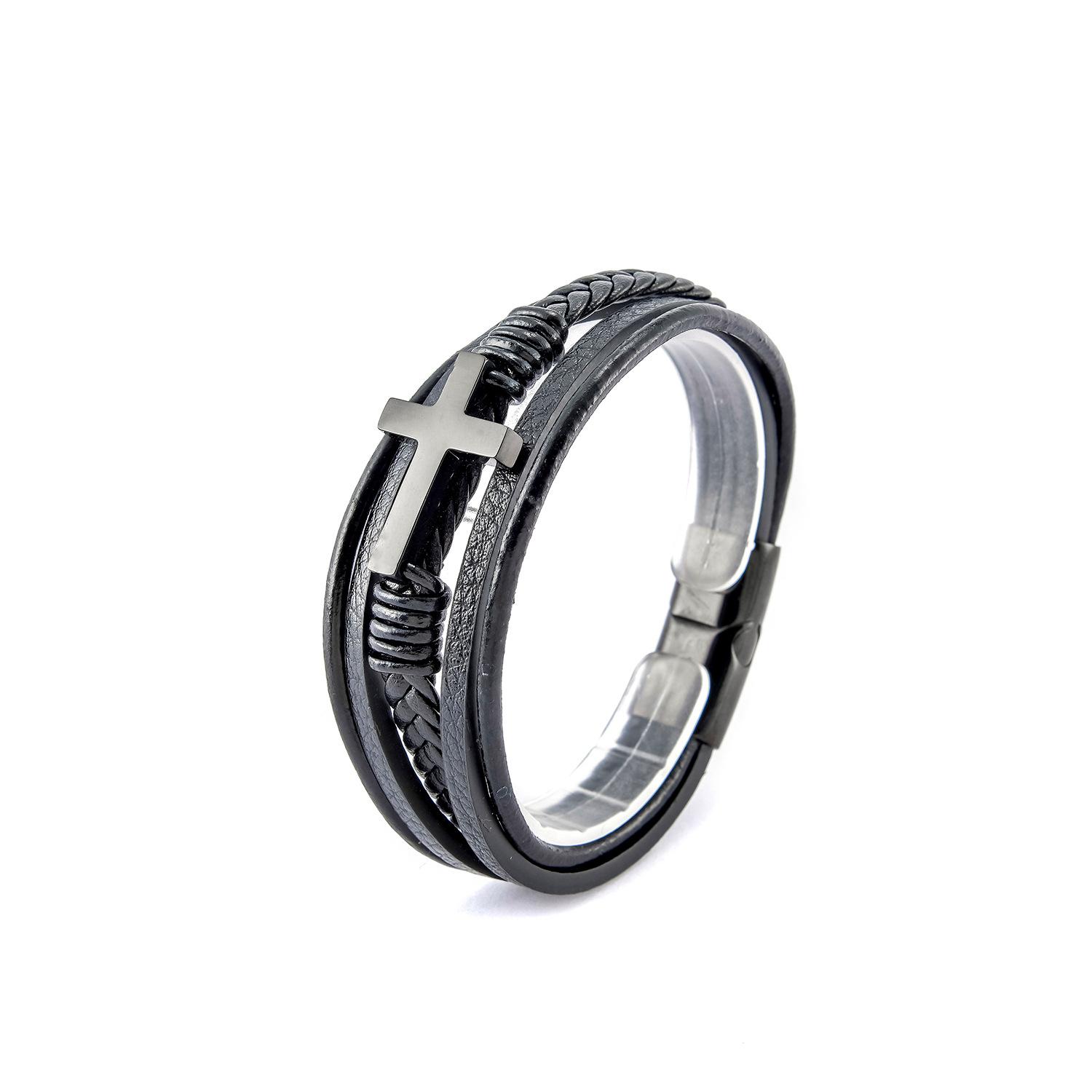 Stainless steel cross fashion leather bracelet, personalized multi-layer woven leather rope bracelet men s factory