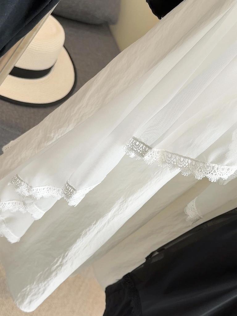 Irregular Lace Trim Mesh Midi Skirt - Women's High Waist A-line Skirt, Slimming & Hip-Covering Design for Spring 2026.