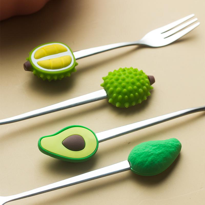 Fruit-shaped Stainless Steel Fruit Fork Spoon Creative Peach Durian Avocado  Dessert Spoon Silicone+ Stainless Steel Fruit Fork
