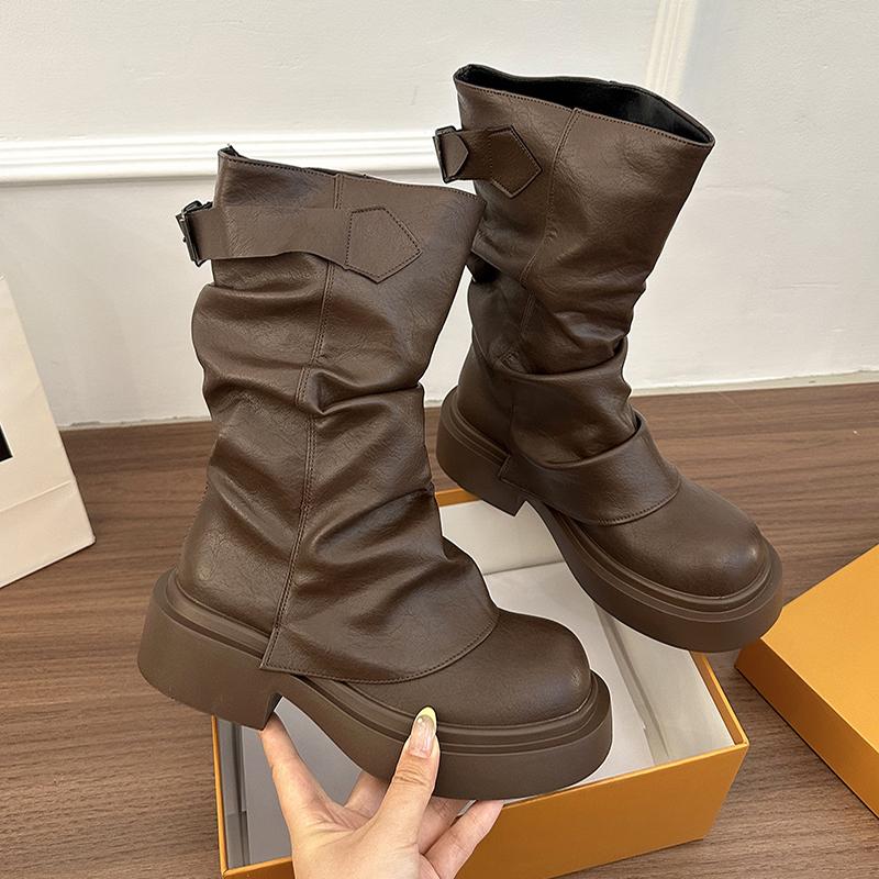 

Designer Trouser Legs Women Boots Fashion Slip On Pleated Shoes Female Thick Heel Western Cowboy Booties De Mujer 35