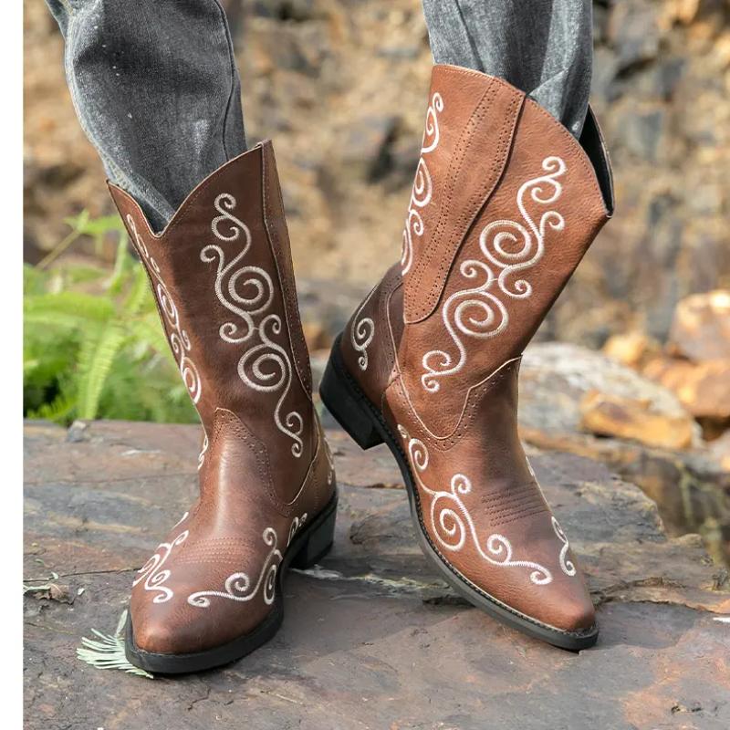 Hand Embroidered Western Cowboy Boots Men's Boots Western Cowboy Boots  Embroidered Sleeve Boots Retro Square Boots