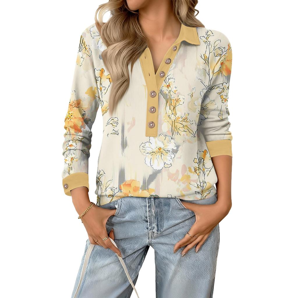 Women's Retro Street Lazy V,neck Long Sleeve Button Floral Print Pullover Top