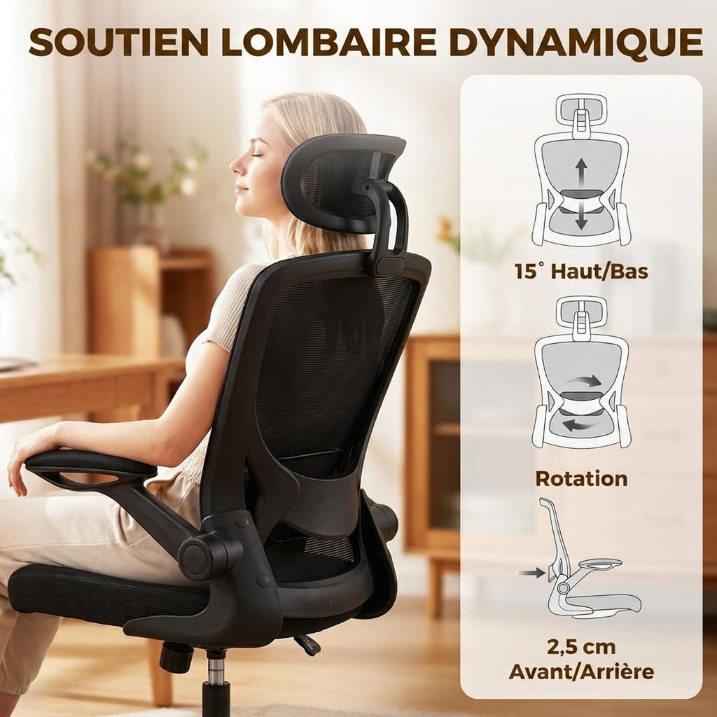 Ergonomic Office Chair, Mesh, Adjustable Lumbar Support, Headrest, 64 X 65 X 129 Cm, Black