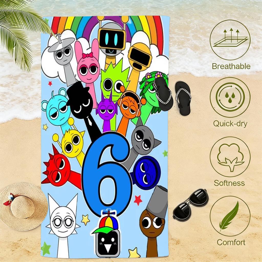 S-Sprunki Phase 6 All Characters Rainbow Cloud Cute Cartoon Kids Beach Towel Microfiber Quick Dry Soft Bath Towel For Pool Beach