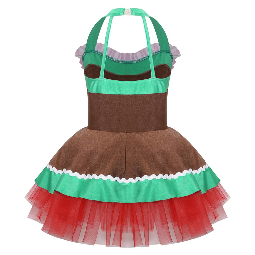 Mädchen Weihnachten Lebkuchenmann Kostüm Ärmelloses Tüllkleid Bodysuit mit offenem Rücken Feiertagsparty Verkleidung