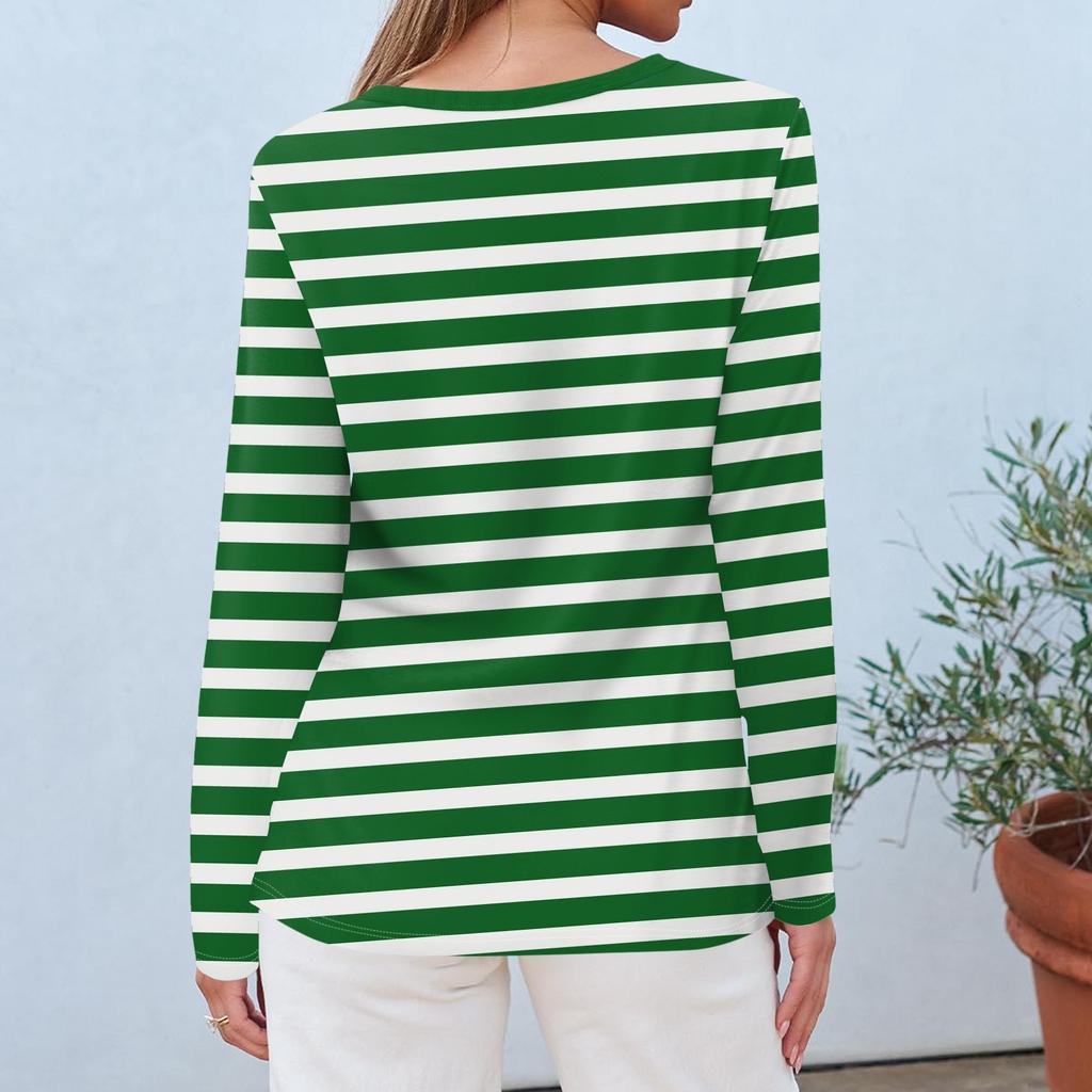 Women's Daily Casual Long-sleeved Striped Printed Crew-neck Top