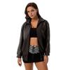 Women Winter Faux Leather Coat Zipper Long Sleeve Jacket with Lapel Solid Color And Pockets Boyfriend Motorcycle Streetwear