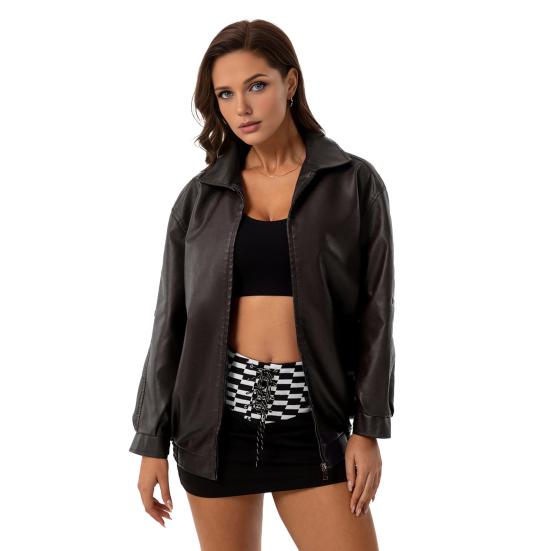 Women Winter Faux Leather Coat Zipper Long Sleeve Jacket with Lapel Solid Color And Pockets Boyfriend Motorcycle Streetwear