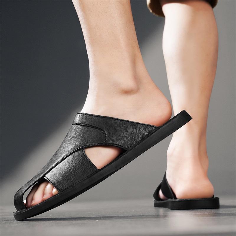 Men Slippers Handmade Simple Flats Brown Leather Sandals Black Summer Roman Sandals Closed Toe Beach Shoes Plus Size