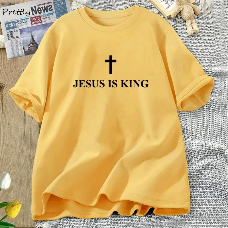 Jesus Is King Tshirt Cotton Cross Faith Christian Tshirt Unisex Short Sleeve Religious Tee s Clothing Streetwear New
