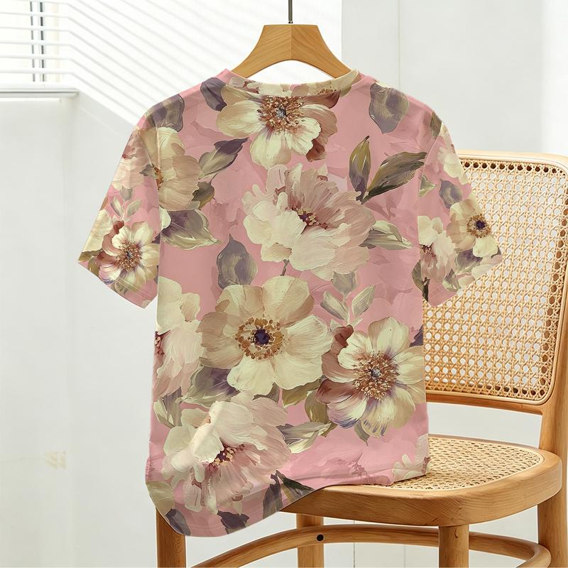 Women’s Basic Floral Short Sleeve Top Relaxed Soft Casual Tee,Minimalist Design Comfortable & Versatile for Coffee Shop Days