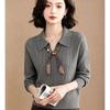 Women's Ribbed Knit Long-Sleeve Collared Sweater with Ribbon Detail